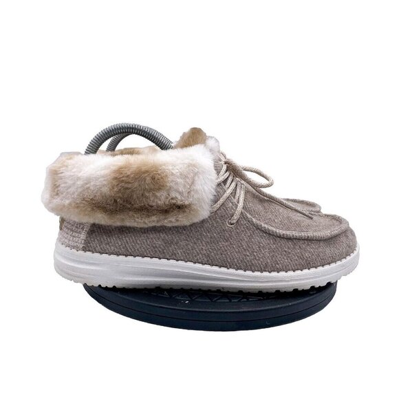 Hey Dude Shoes - Hey Dude BRITT Boot Womens Size 8 Beige Lace Tie Shoes Faux Fur Comfort